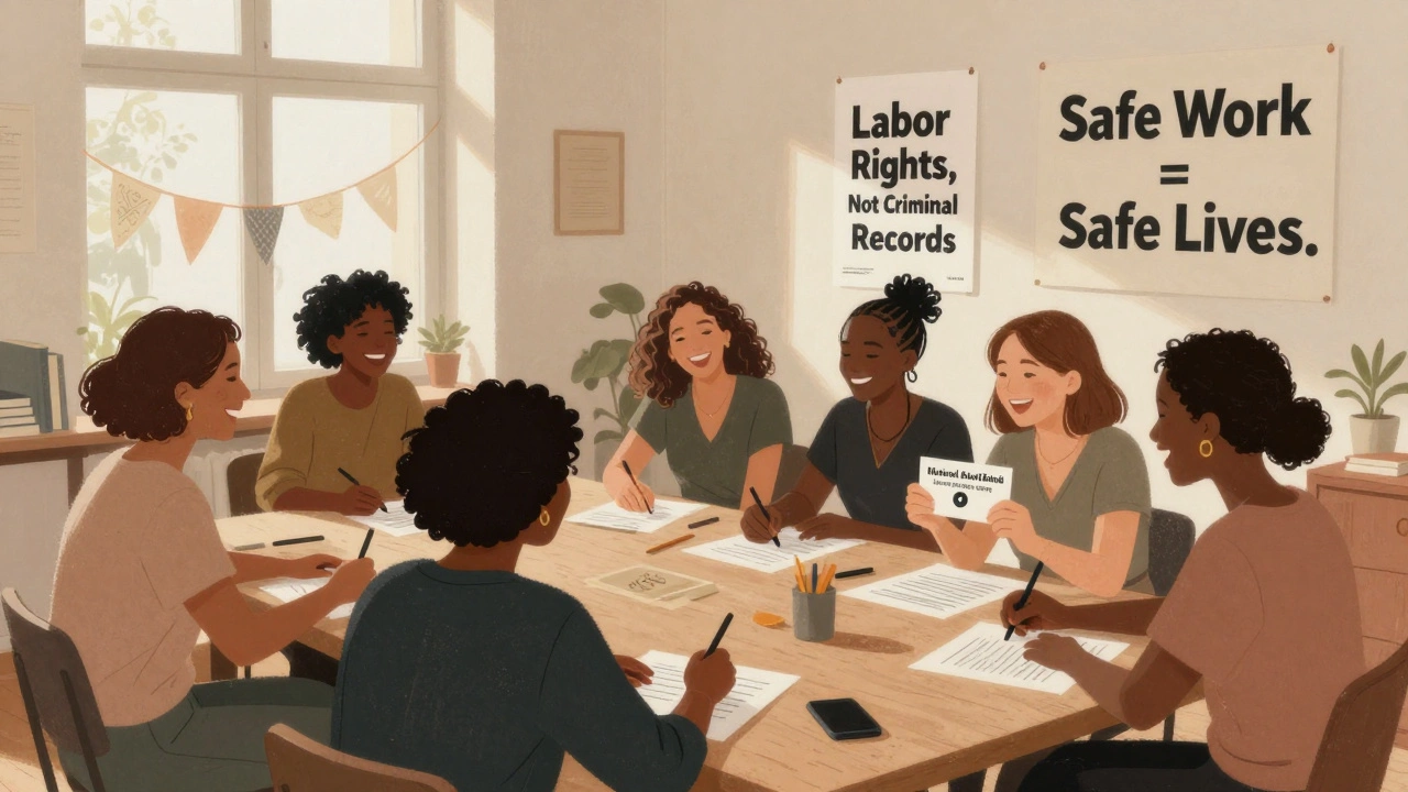 A group of sex workers in Lyon sign a petition to join the national labor registry, surrounded by supportive posters.