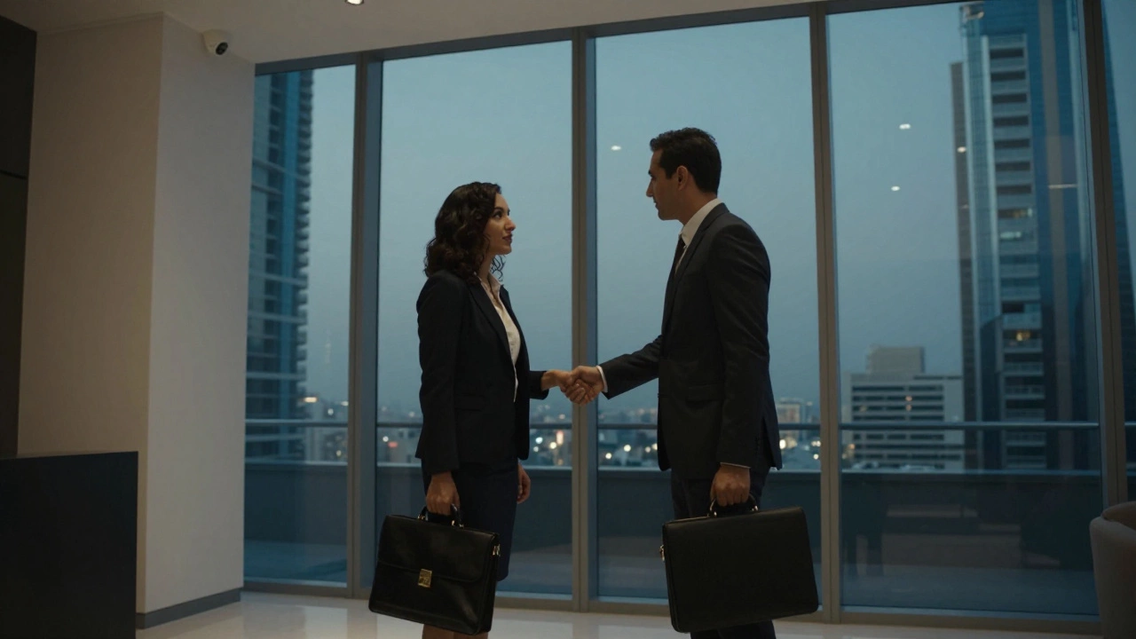 A professional handshake in a Dubai apartment lobby, conveying discretion and boundaries.