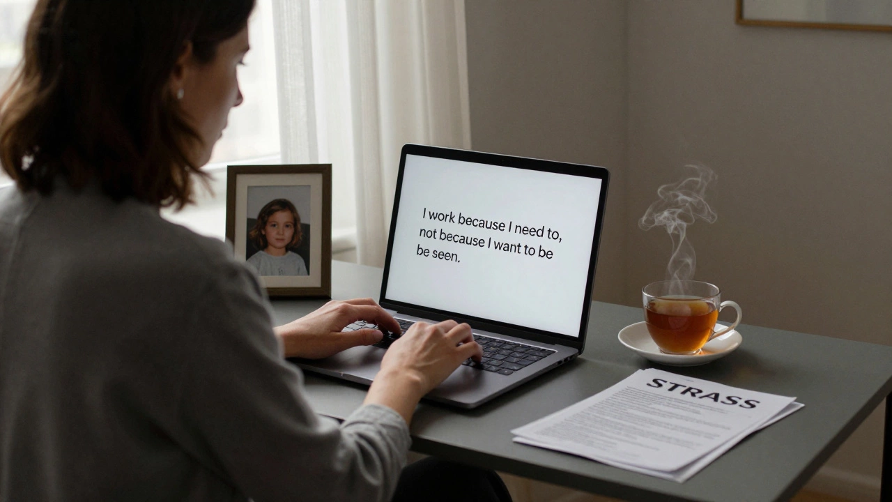 A woman types a simple sex work ad on her laptop in a Paris apartment, photo of her daughter beside her.